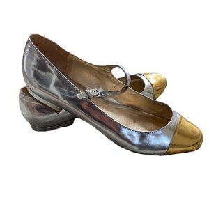 Pour La Victoire Mary Janes Shoes Silver Gold Leather 9 Kitten Heels